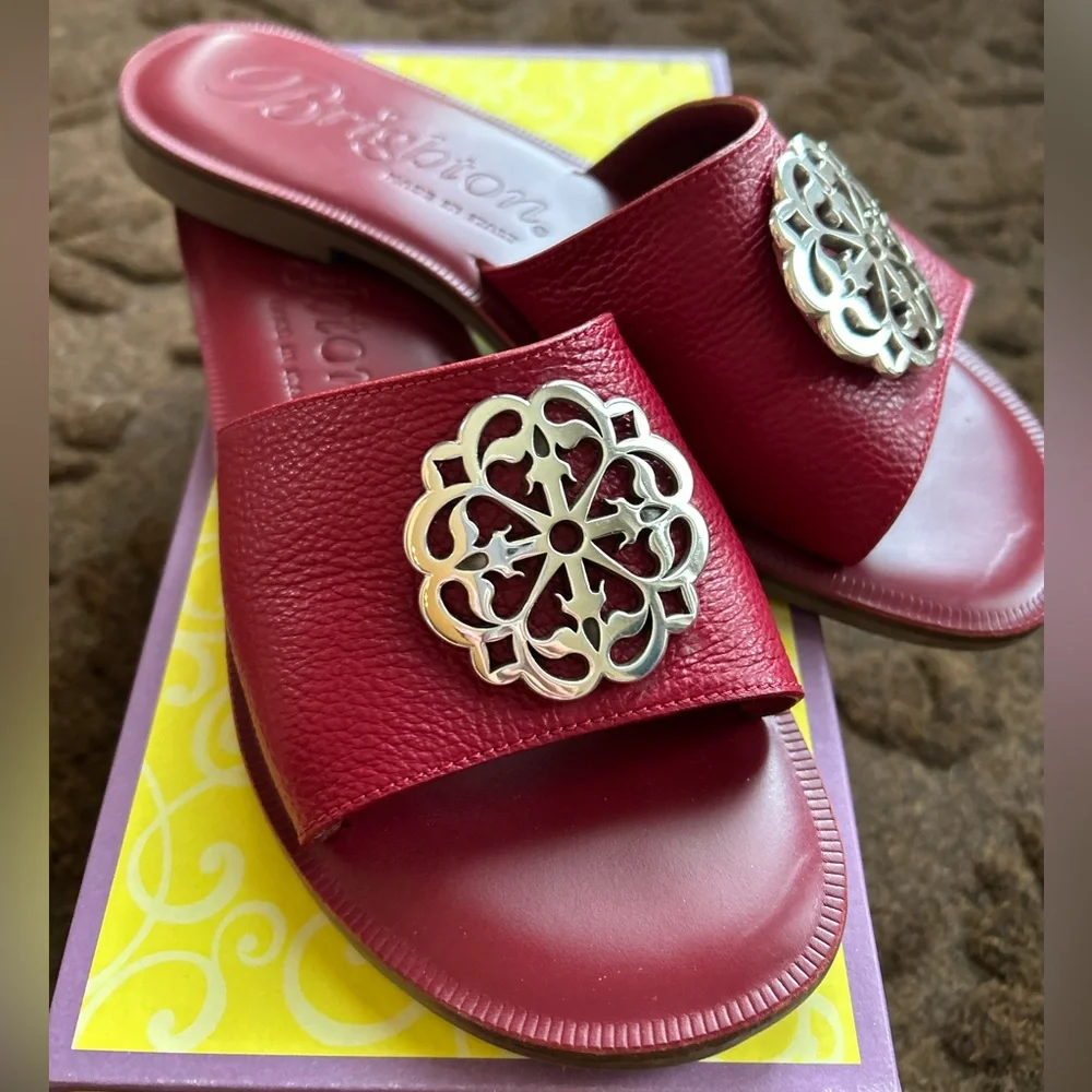 Brighton Red Leather Slide Sandals with Gold Medallions - Picture 2 of 5